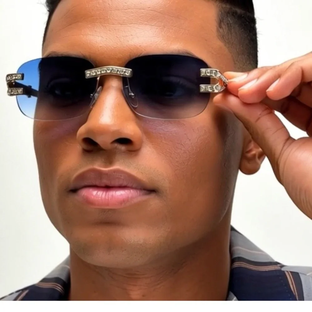 Rhinestone Rimless Sunglasses Blue Lens Marble Gold Accents Street Wear Lentes